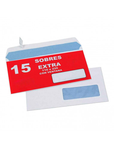 Tradineur - Sobre blanco con ventana - Cierre de silicona autoadhesiva - 15 Uds. - 11 x 22 cm - autoadhesivo - cierre automático