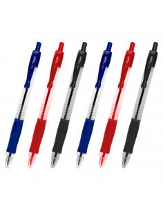 Tradineur - Pack de 6 bolígrafos retráctiles - Fabricado en plástico PVC - Tinta semi gel - Punta de 1mm - Goma antideslizante -