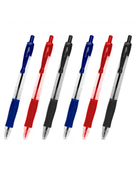 Tradineur - Pack de 6 bolígrafos retráctiles - Fabricado en plástico PVC - Tinta semi gel - Punta de 1mm - Goma antideslizante -