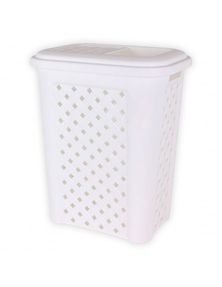 Cesto de la ropa, de color blanco, con capacidad de 30 litros y de 37.5 x 27.5 x 47 cm. Cesta de plástico para transportar la ro
