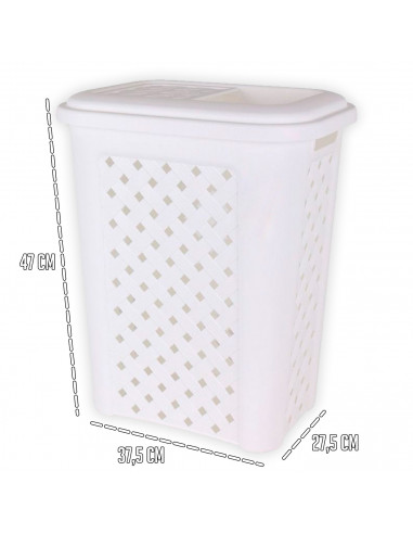 Cesto de la ropa, de color blanco, con capacidad de 30 litros y de 37.5 x 27.5 x 47 cm. Cesta de plástico para transportar la ro