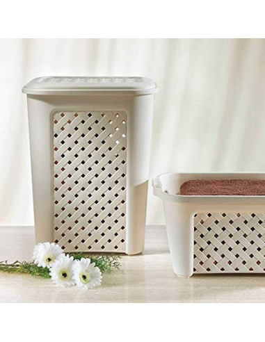 Cesto de la ropa, de color blanco, con capacidad de 30 litros y de 37.5 x 27.5 x 47 cm. Cesta de plástico para transportar la ro