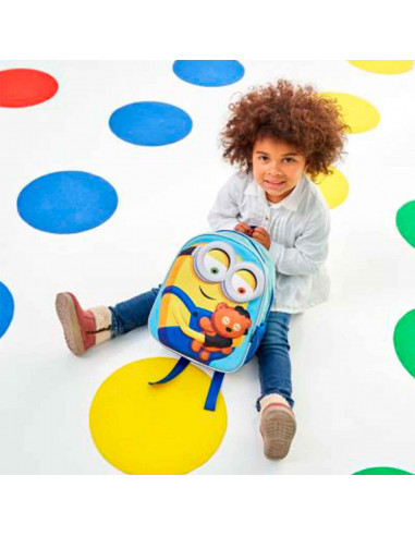 Tradineur- Mochila para niños en 3D con diseño de los Minions, ideal para la escuela. Medidas de 25 x 31 x 10 cm para colgar en