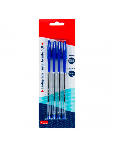 Tradineur - Set de 4 bolígrafos - Fabricado en plástico PVC - Tinta de aceite - Punta de 1 mm - Color azul.