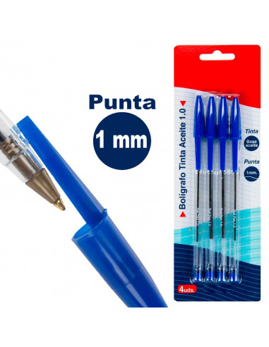 Tradineur - Set de 4 bolígrafos - Fabricado en plástico PVC - Tinta de aceite - Punta de 1 mm - Color azul.