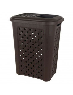 Cesto para la ropa, de color marrón wengué, con capacidad de 30 litros y de 37.5 x 27.5 x 47 cm. Cesta de plástico para transpor