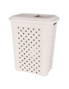 Cesto de la ropa, de color beige, con capacidad de 30 litros y de 37.5 x 27.5 x 47 cm. Cesta de plástico para transportar la rop