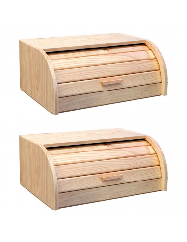 Tradineur - Pack de 2 paneras de madera con tapa de persiana 15,5 x 35,2 x 24,5 cm, contenedor para pan de madera natural, recip