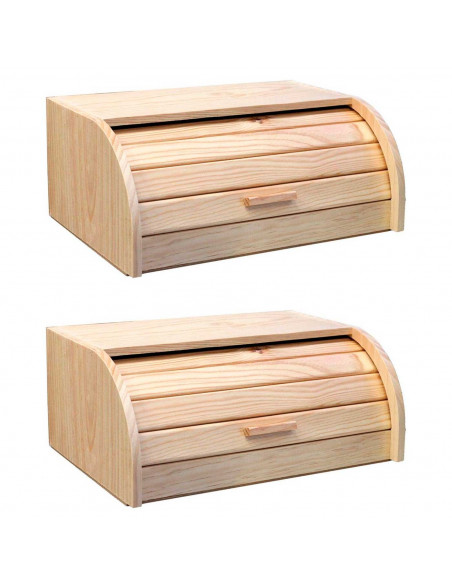 Tradineur - Pack de 2 paneras de madera con tapa de persiana 15,5 x 35,2 x 24,5 cm, contenedor para pan de madera natural, recip