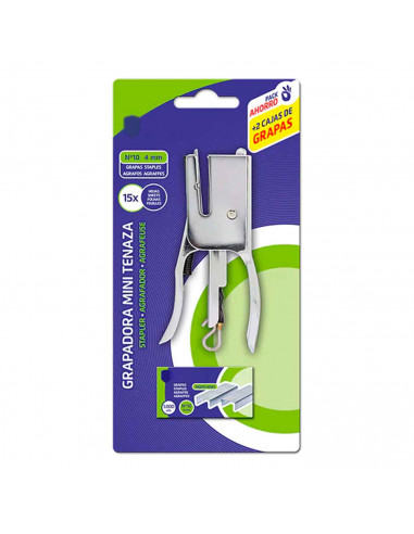 Tradineur - Mini Grapadora tenaza - Incluye 2000 grapas - Fabricación en metal - Ideal para oficinas y clases - 10,3 x 6,2 cm