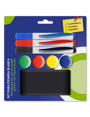 Tradineur - Set de 3 rotuladores, 4 imanes y borrador para pizarra blanca, borrado en seco, uso escolar, oficinas