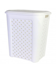 Cesto de la ropa con tapa, de color blanco, con capacidad de 30 litros y de 37.5 x 27.5 x 47 cm. Cesta de plástico para transpor