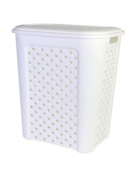 Cesto de la ropa con tapa, de color blanco, con capacidad de 30 litros y de 37.5 x 27.5 x 47 cm. Cesta de plástico para transpor