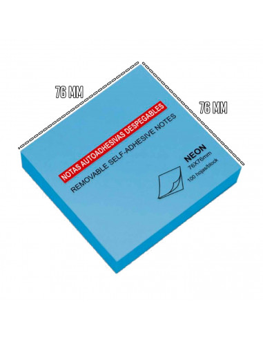Tradineur - Notas autoadhesivas tono neón - Contiene 100 hojas - Forma totalmente cuadrada - Color Azul - 7,6 x 7,6 cm