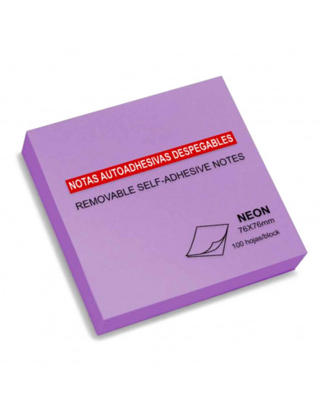 Tradineur - Notas autoadhesivas tono neón - Contiene 100 hojas - Forma cuadrada - 7,6 x 7,6 cm - Color Violeta 