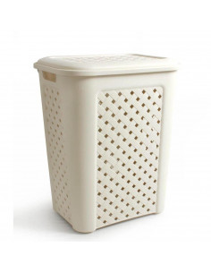Cesto de ropa con tapa, de color angora, con capacidad de 30 litros y de 37.5 x 27.5 x 47 cm. Cesta de plástico para transportar