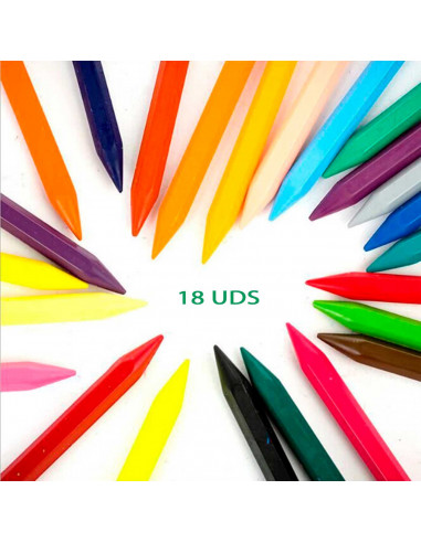 Tradineur - Caja de 18 ceras de colores para niños, material escolar, colores vivos surtidos, ideal para colorear, dibujar
