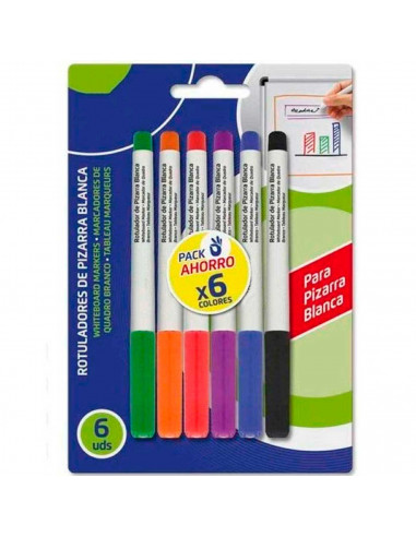 Tradineur - Pack de 6 rotuladores de colores para pizarra blanca, marcadores de borrado en seco, uso escolar, oficinas
