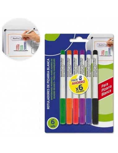 Tradineur - Pack de 6 rotuladores de colores para pizarra blanca, marcadores de borrado en seco, uso escolar, oficinas