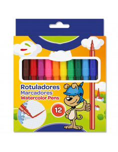 Tradineur - Caja de 12 rotuladores finos de colores para niños, marcadores con punta resistente, material escolar, colores vivos