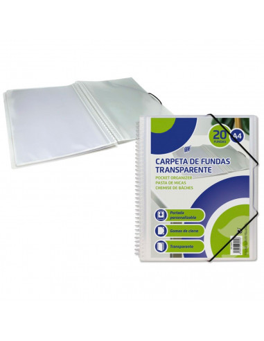 Tradineur - Carpeta de fundas de plástico, incluye 20 fundas A4, portada personalizable, gomas de cierre, material escolar, ofic