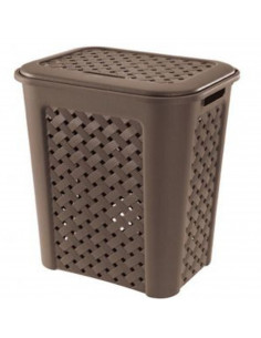 Cesto especial para ropa con tapa, de color marrón wengué, con capacidad de 30 litros y de 37.5 x 27.5 x 47 cm. Cesta de plástic