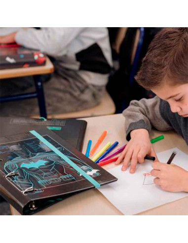 Tradineur - Carpeta / Archivador de Batman de cartón resistente, con 4 anillas de metal, ideal para el curso escolar. Medidas 32