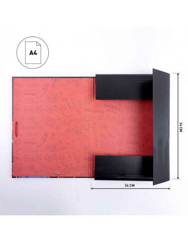 Tradineur - Carpeta de Spiderman, de cartón resistente, con solapas y 2 gomas, ideal para el curso escolar. Medidas 34,3 x 26,4