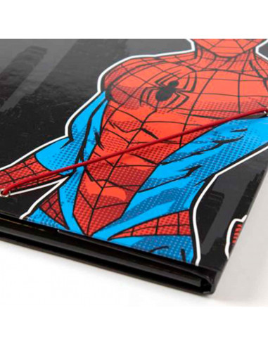Tradineur - Carpeta de Spiderman, de cartón resistente, con solapas y 2 gomas, ideal para el curso escolar. Medidas 34,3 x 26,4