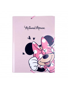 Tradineur - Carpeta de Minnie Mouse, de cartón resistente, con solapas y 2 gomas, ideal para el curso escolar. Medidas 34,3 x 26
