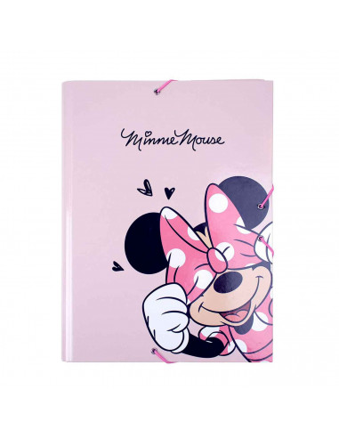 Tradineur - Carpeta de Minnie Mouse, de cartón resistente, con solapas y 2 gomas, ideal para el curso escolar. Medidas 34,3 x 26