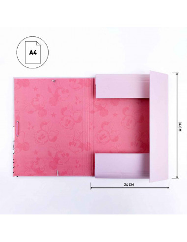 Tradineur - Carpeta de Minnie Mouse, de cartón resistente, con solapas y 2 gomas, ideal para el curso escolar. Medidas 34,3 x 26
