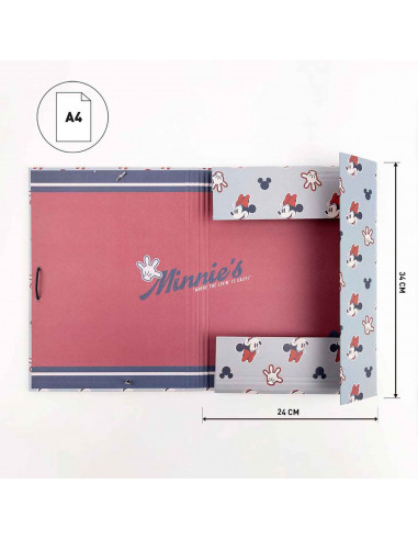 Tradineur - Carpeta de logos de Minnie Mouse, de cartón resistente, con solapas y 2 gomas, ideal para el curso escolar. Medidas