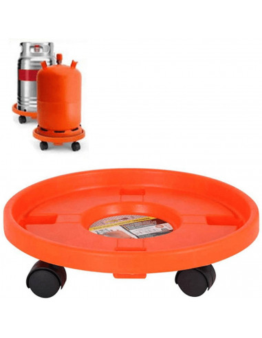 Portabombonas para trasporte butano de color naranja y de 33,5 cm de diámetro y 7,5 cm de alto con 4 ruedas, Soporte para bombon