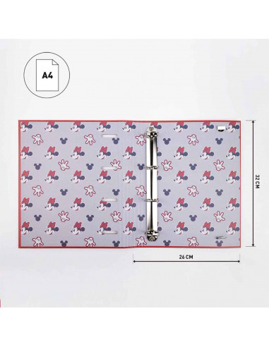 Tradineur - Carpeta / Archivador de Minnie Mouse de cartón resistente, con 4 anillas de metal, ideal para el curso escolar. Medi