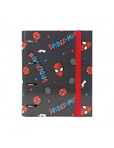 Tradineur - Carpeta / Archivador de Spiderman de cartón resistente, con 4 anillas de metal, ideal para el curso escolar. Medidas