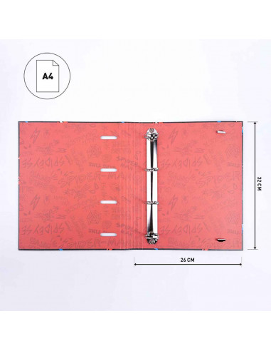 Tradineur - Carpeta / Archivador de Spiderman de cartón resistente, con 4 anillas de metal, ideal para el curso escolar. Medidas