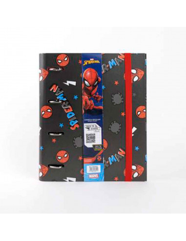 Tradineur - Carpeta / Archivador de Spiderman de cartón resistente, con 4 anillas de metal, ideal para el curso escolar. Medidas