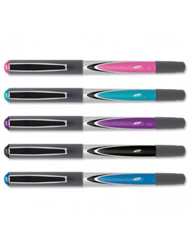 Tradineur - Pack de 5 bolígrafos de colores con punta de bola, 0,5 mm, tinta líquida, escritura suave y precisa, uso escolar, of