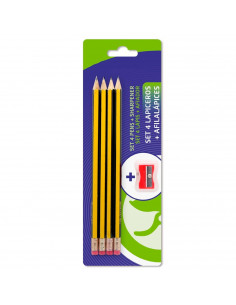 Tradineur - Set de 4 lápices HB con goma de borrar y afilalápiz, grafito, escritura suave y precisa, material escolar, oficinas