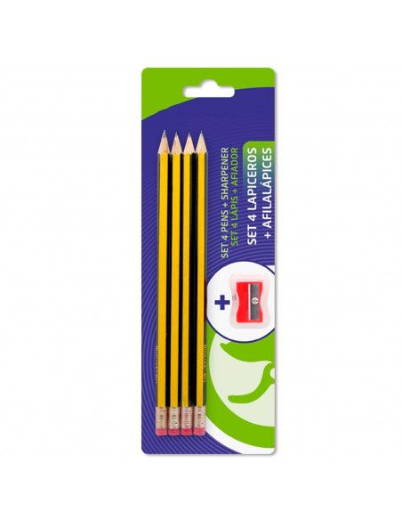 Tradineur - Set de 4 lápices HB con goma de borrar y afilalápiz, grafito, escritura suave y precisa, material escolar, oficinas