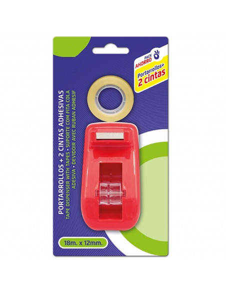 Tradineur - Set de portarrollos con cinta adhesiva, incluye 2 rollos de 18 m x 12 mm, dispensador de celo rellenable para escuel