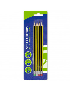 Tradineur - Set de 4 lápices con goma de borrar, 2 HB, 1 H y 1 B, grafito, escritura suave y precisa, material escolar, oficinas