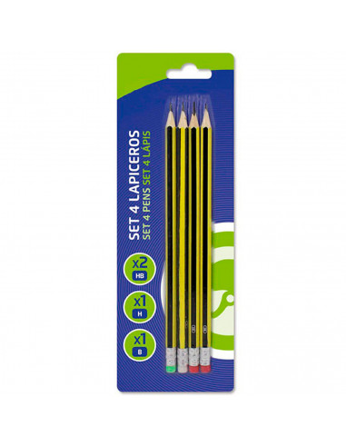 Tradineur - Set de 4 lápices con goma de borrar, 2 HB, 1 H y 1 B, grafito, escritura suave y precisa, material escolar, oficinas