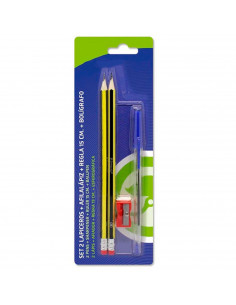 Tradineur - Set de 2 lápices con goma de borrar, afilalápiz, regla de 15 cm y bolígrafo azul, escritura suave y precisa, materia