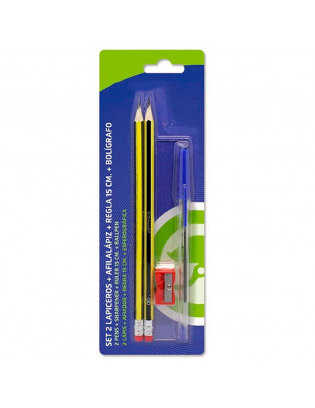 Tradineur - Set de 2 lápices con goma de borrar, afilalápiz, regla de 15 cm y bolígrafo azul, escritura suave y precisa, materia
