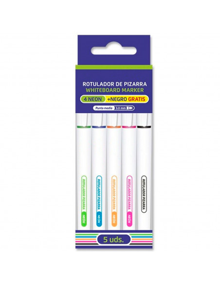 Tradineur - Pack de 5 rotuladores de colores neón para pizarra blanca, punta media de 3 mm, marcadores de borrado en seco, uso e
