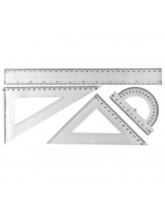 Tradineur - Set de 4 reglas - Dibujo técnico - Incluye: Regla 30 cm, escuadra 13 cm, cartabón 18 cm y transportador 10 cm.