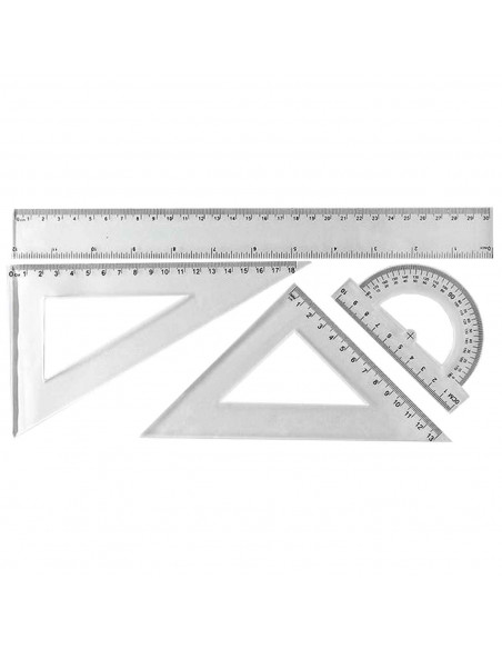 Tradineur - Set de 4 reglas - Dibujo técnico - Incluye: Regla 30 cm, escuadra 13 cm, cartabón 18 cm y transportador 10 cm.