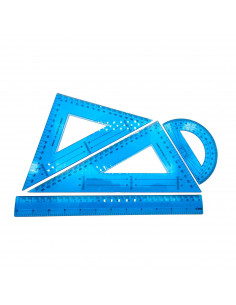 Tradineur - Juego de 4 reglas para clases - Dibujo técnico - Incluye: Regla 30 cm, escuadra 160 mm, cartabón 230 mm y transporta
